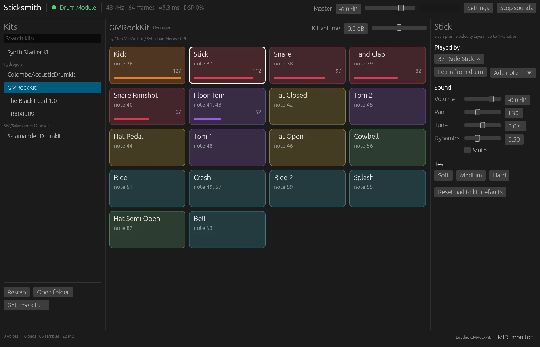 Sticksmith with a rock kit loaded: colored pads for kick, snare, toms, hi-hats and cymbals light up as they're hit, with the pad editor on the right
