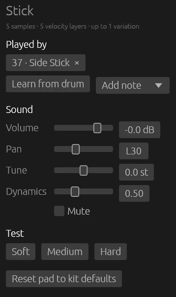 The pad editor showing the notes that play a pad, a Learn from drum button, and volume, pan, tune and dynamics sliders