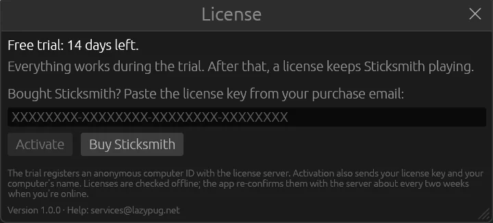 The License window during the free trial, with a box for the license key and the Activate and Buy Sticksmith buttons.