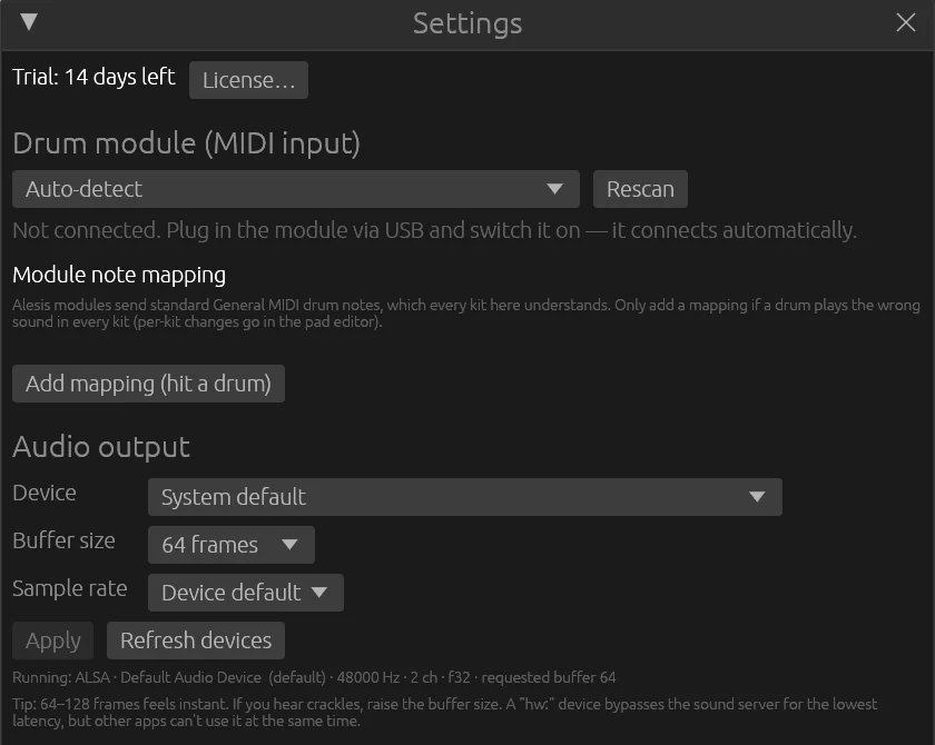 The Settings window: the drum module, module note mapping, and the audio output device, buffer size and sample rate.